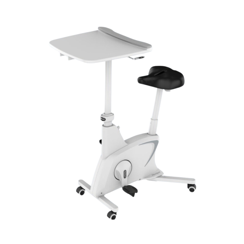 Vélo de bureau ergonomique blanc avec bureau réglable en hauteur et siège ajustable, équipé de roulettes verrouillables et pédales pour combiner travail et exercice physique.